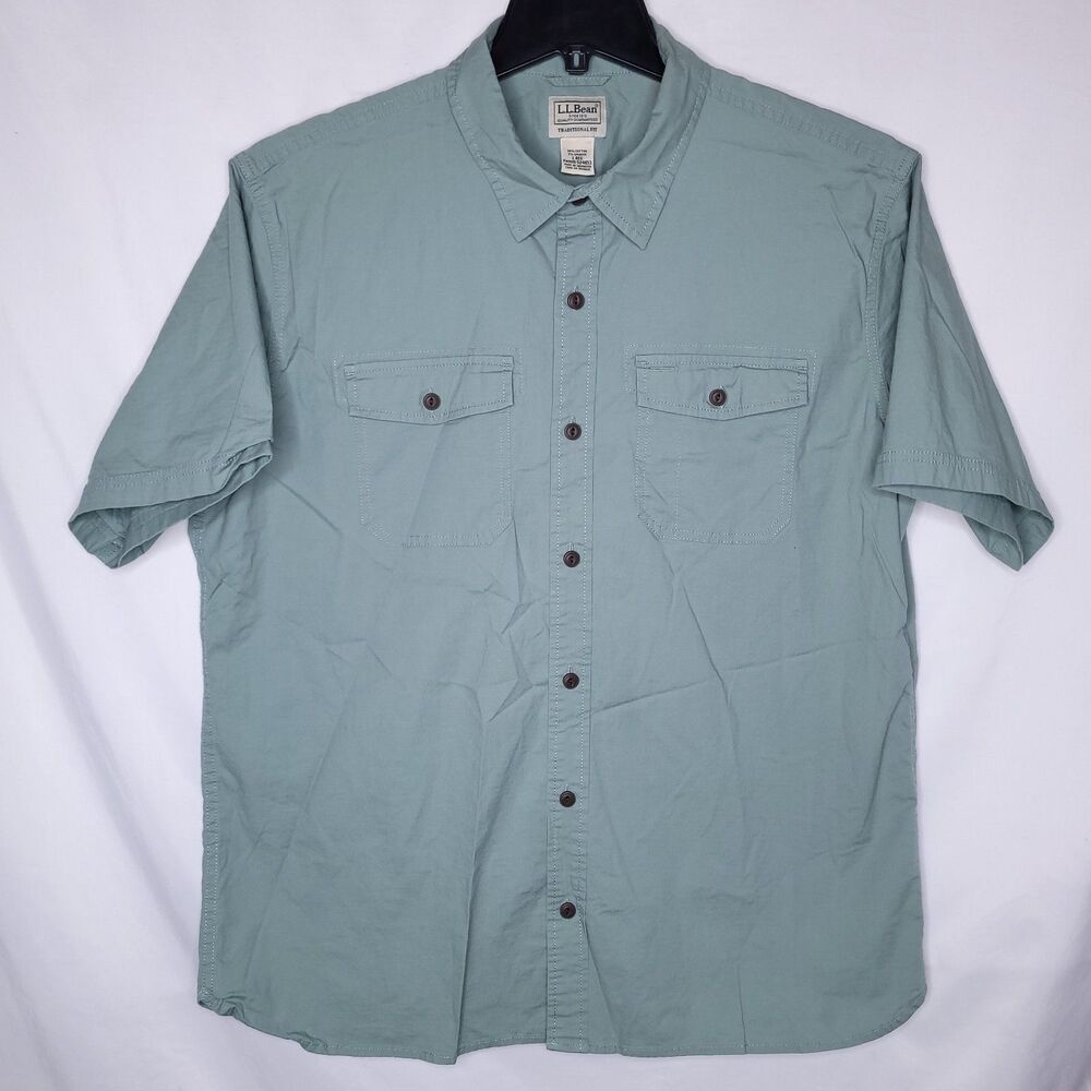 LL Bean Riverton Ripstop Shirt Mens Large Faded Sage Short Sleeve Fishing